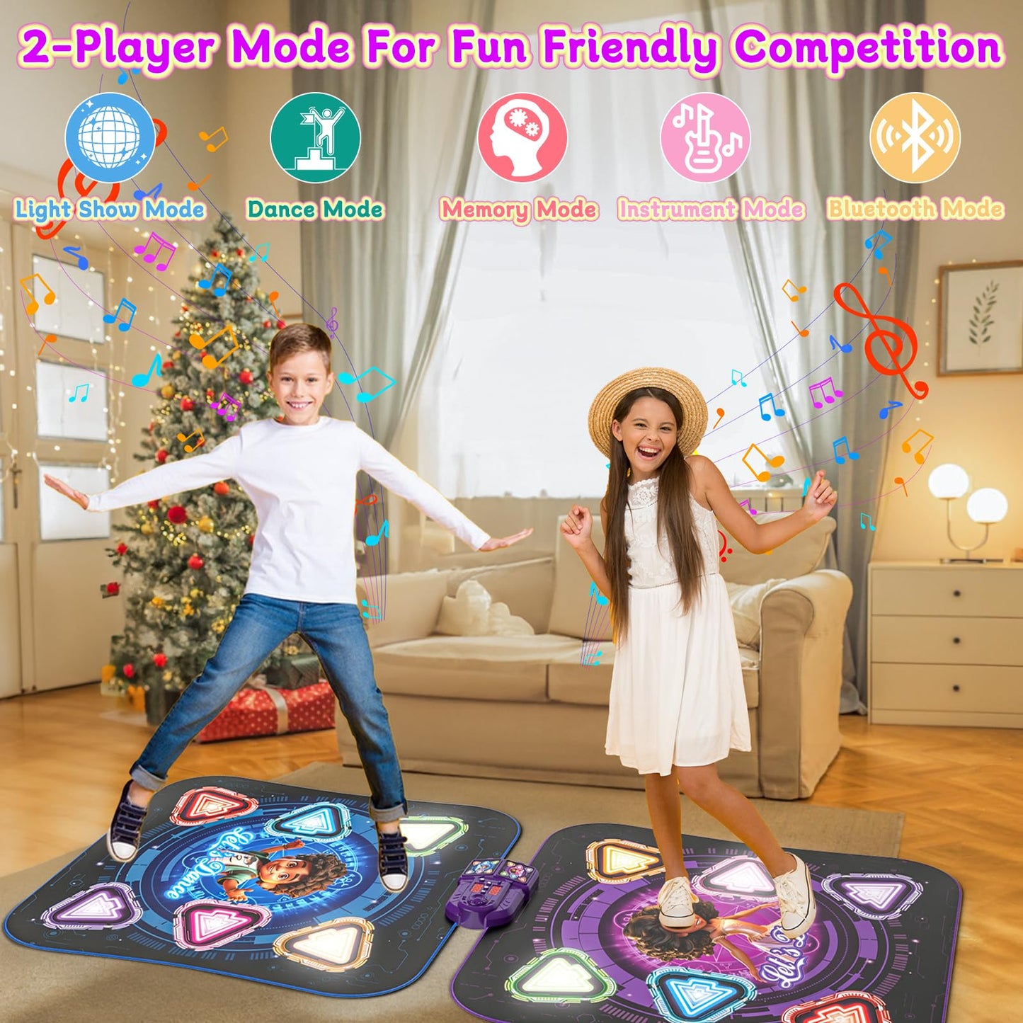 Double Dance Mat for Kids, Single & Double Players Electronic Dance Pad with Light-up12-Button Wireless Bluetooth, LED Light 5 Game Modes Christmas Birthday Gift for Girls Boys Ages 3 4 5 6 7 8 8-12