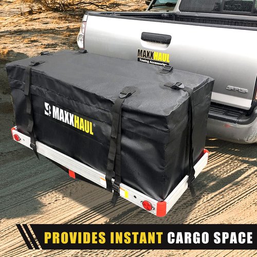 MaxxHaul 70209 Soft Shell Cargo Carrier Bag for Hitch Mount Cargo Rack - Heavy Duty and Water Resistant 47 inch 20 inch x 20 inch Black with Tie Down Straps