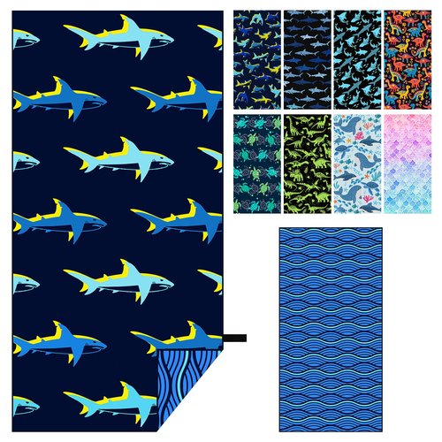 MelonBoat Large Microfiber Beach Towel: Bright Cyan Blue Shark Beach Towel for Travel, Super Absorbent Quick Dry Sand Free, Lightweight Compact for Kids Trip Vacation Bath Camping Pool Swim, 1 Pcs