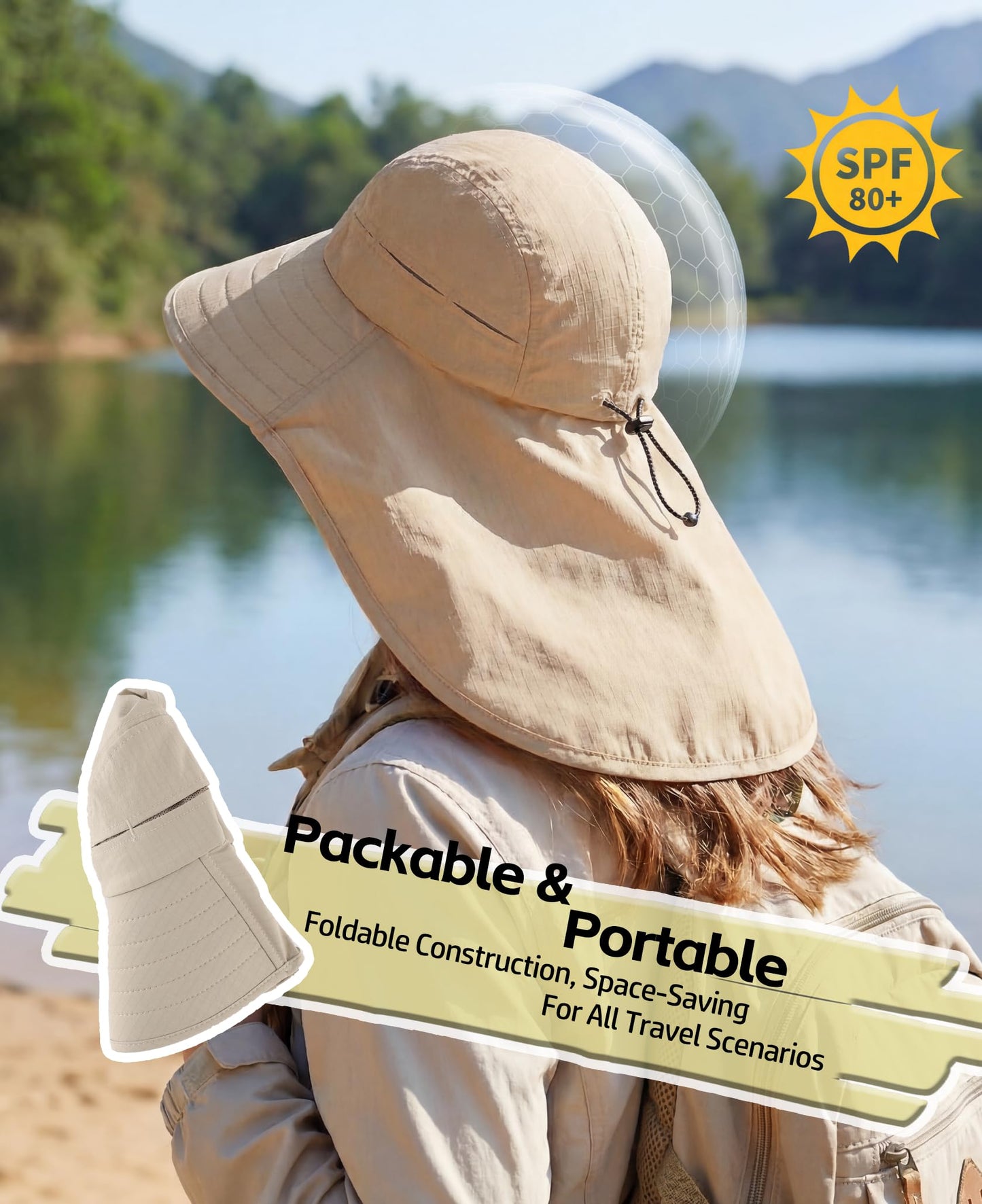 Home Prefer UPF 80+ Sun Hat for Men Women Wide Brim Sun Hat with Neck Flap Summer Safari UV Protection Gardening Fishing Hat Khaki