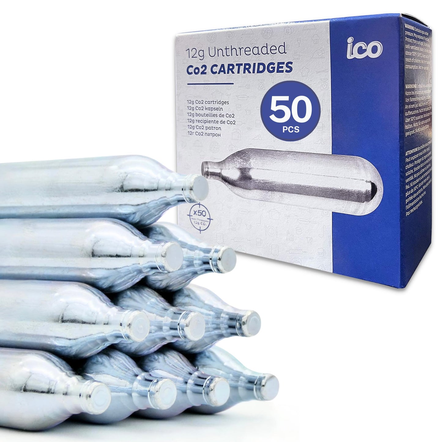 ICO 50pcs 12 Gram Co2 Cartridges Non-Threaded, CO2 cartridges BB Gun, CO2 BB Pistol, Airsoft Pistol, and Paintball Markers
