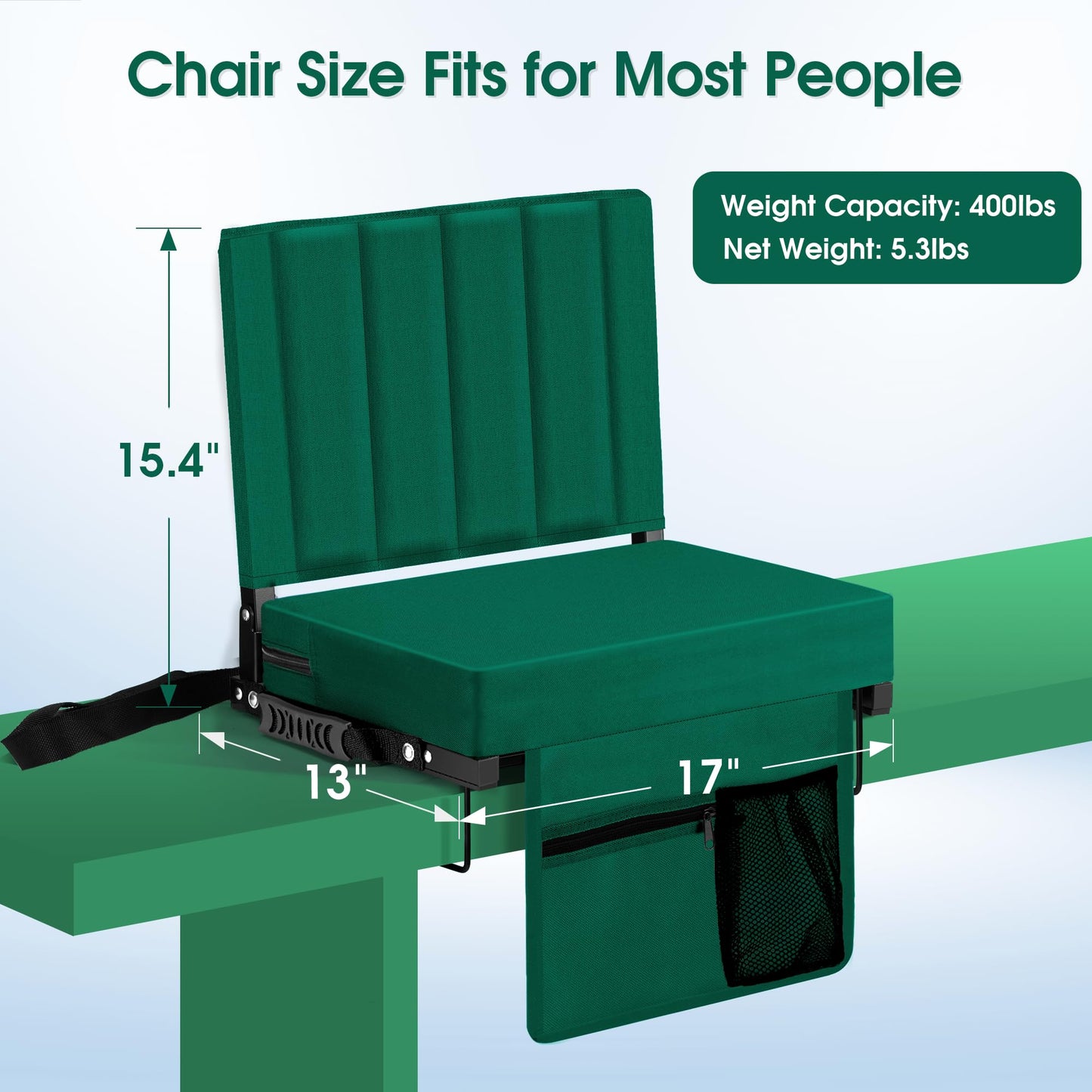 Halituny Stadium Seat for Bleachers with Back Support, Portable Bleacher Seat with Wide Comfy Padded Cushion, Metal Hook, Folding Stadium Chair with Shoulder Strap, Carry Handle, Cup Holder, Green