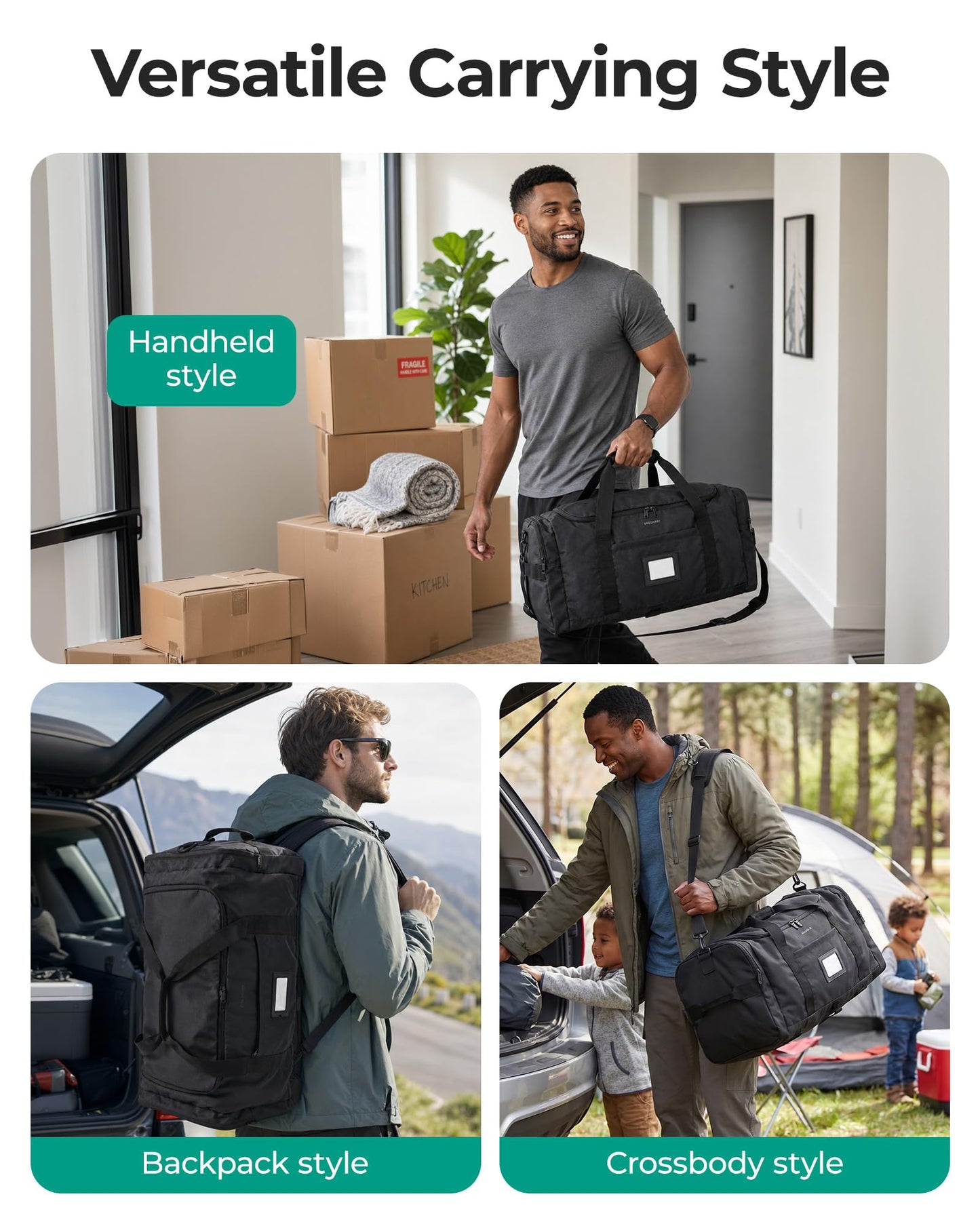 BAGSAMRT 60L Foldable Duffle Bag for Travel, Large Travel Duffel Bag for Men, 4 in 1 Travel Backpack, Carry on Weekender Bag, Gray
