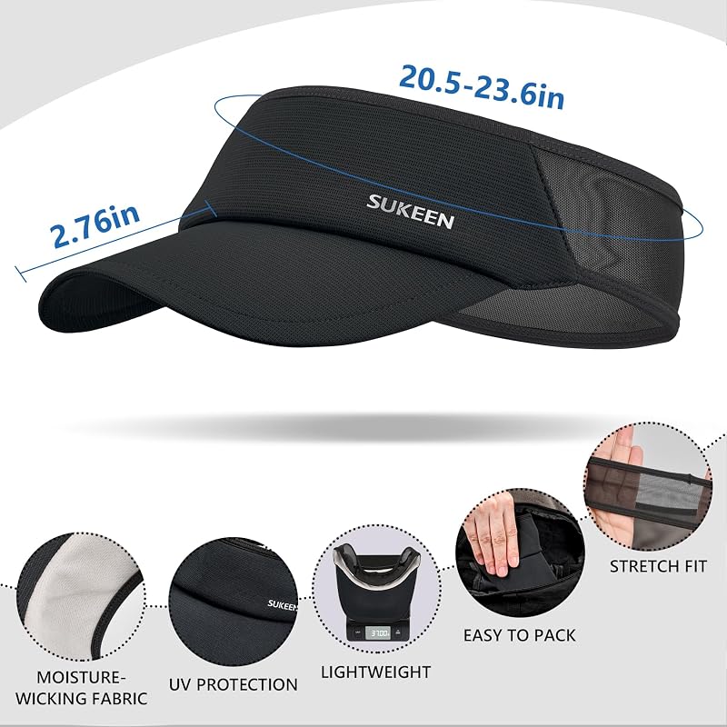 Sukeen Lightweight Sports Sun Visor Hat – Black, One Size, UPF50+