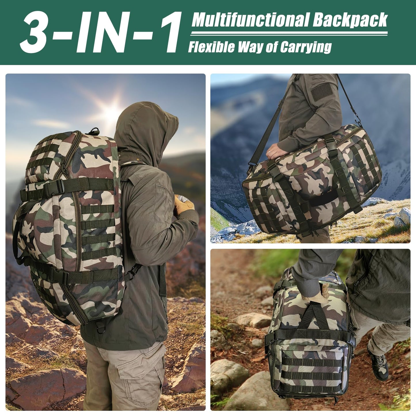 Hannibal Tactical 65L Large Duffle Bag, 3-in-1 Tactical Backpack MOLLE Pack for Gym, Sports, Outdoor, Woodland