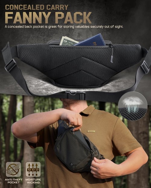 RXW Tactical Concealed Carry Fanny Pack, CCW Fanny Pack, Waist Bag for Men, Hip Bag Compact Belt Bag for Hiking, EDC Waist Pack(Adjustable Up to 60" Waist)