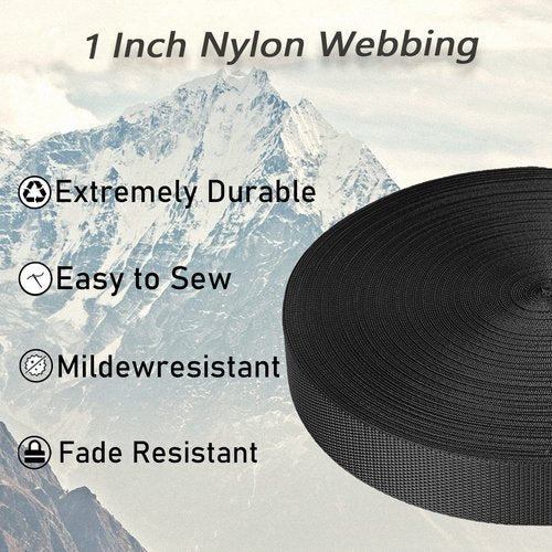 ADALT LION Nylon Webbing 1 Inch 1.5Inch Wide, Heavyweight Webbing Strap 12 Yard, Nylon Straps for Indoor or Outdoor DIY Gear Repair, Pet Collars, Crafts (Black, 1"-12Yard)