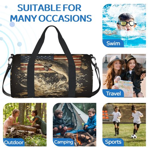 CNNINGYI Gym Bag for Women Men, Bass Fish Independence Day Flag Travel Duffle Tote Bag, Waterproof Sports Tote Bags, Large Overnight Weekender Bags for Yoga Dance
