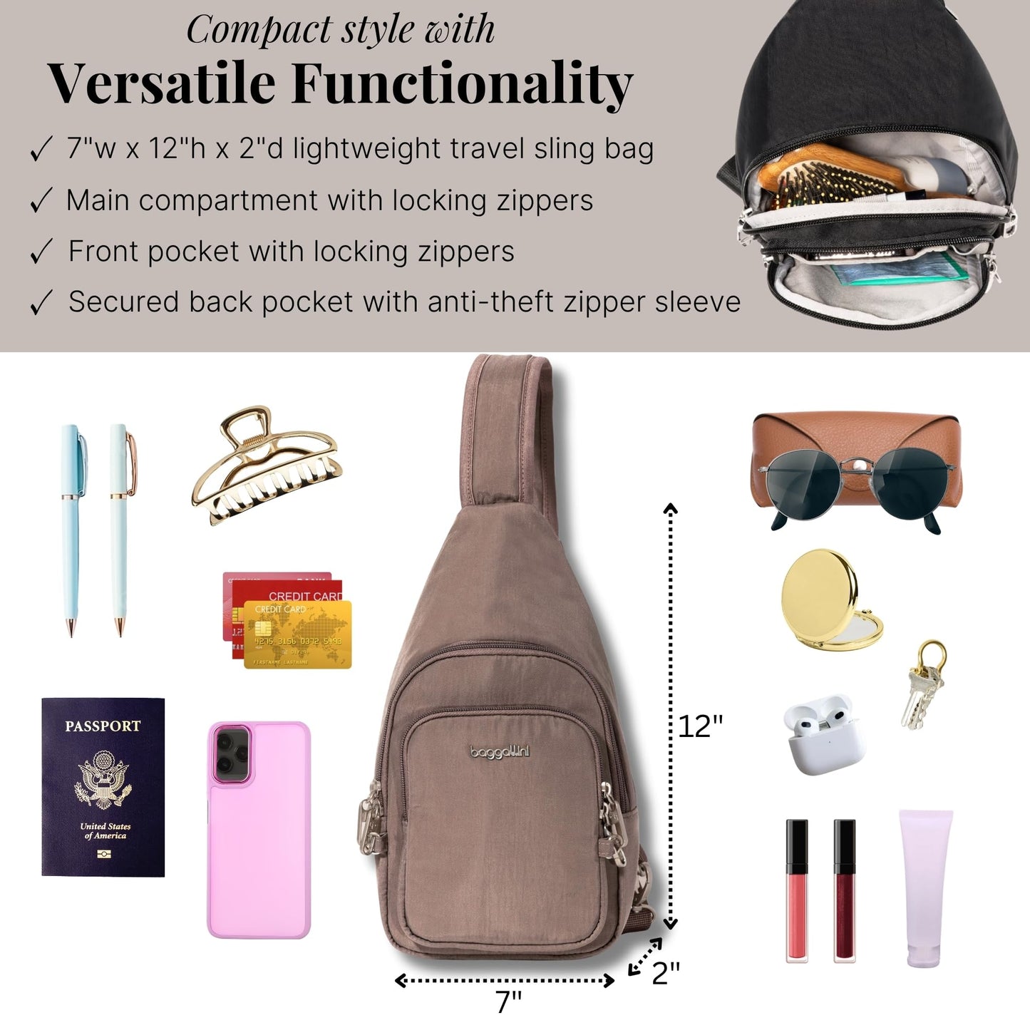 Securtex® Anti-Theft Daytripper Sling - 7x12" Travel Safe Crossbody Bag w/Locking Zippers, Slash-Resistance