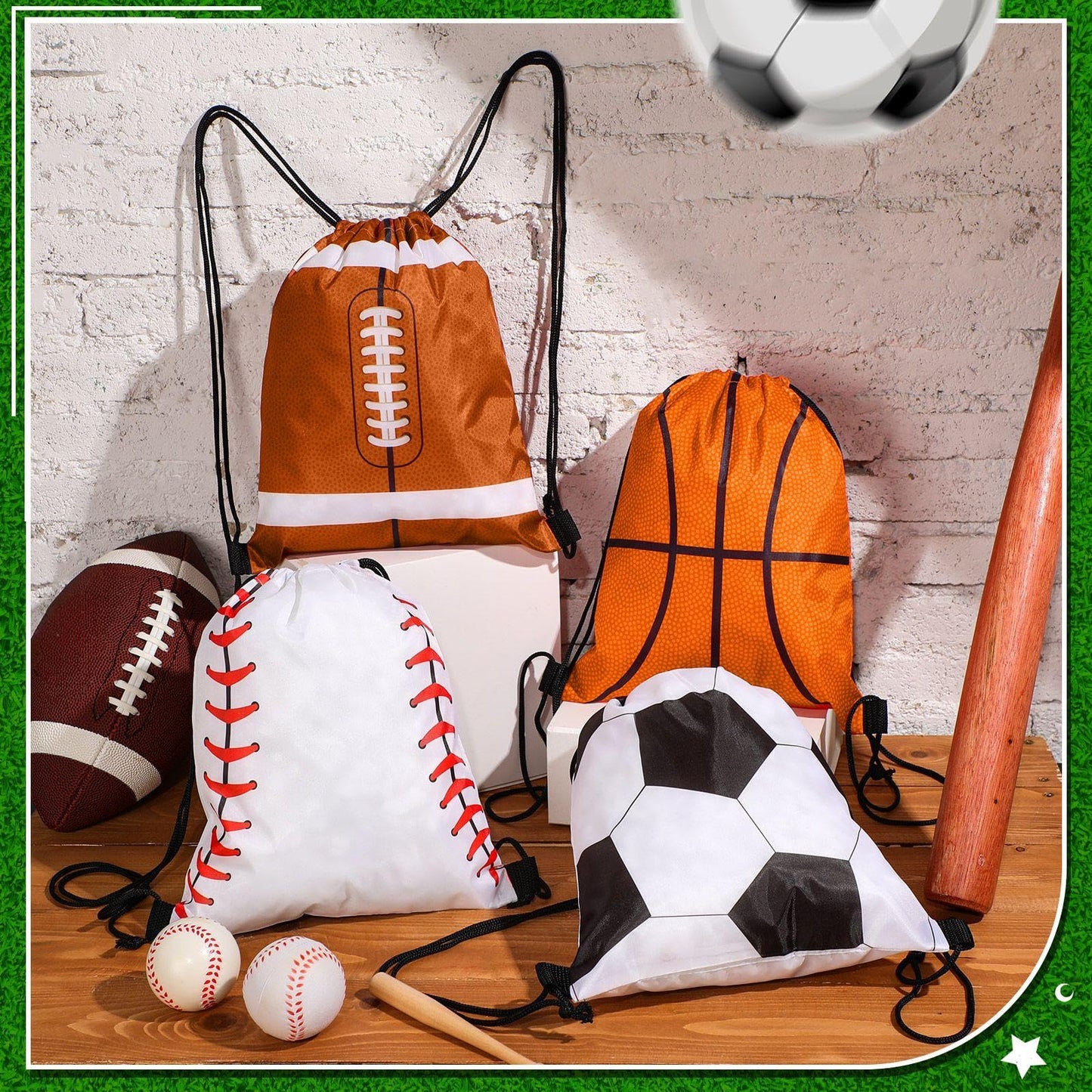 Censen 24 Pcs Drawstring Bags Set Bulk 12 x 10 Inch Waterproof Beach Bag for Soccer Baseball Basketball Football Gift Party (Sport Style)