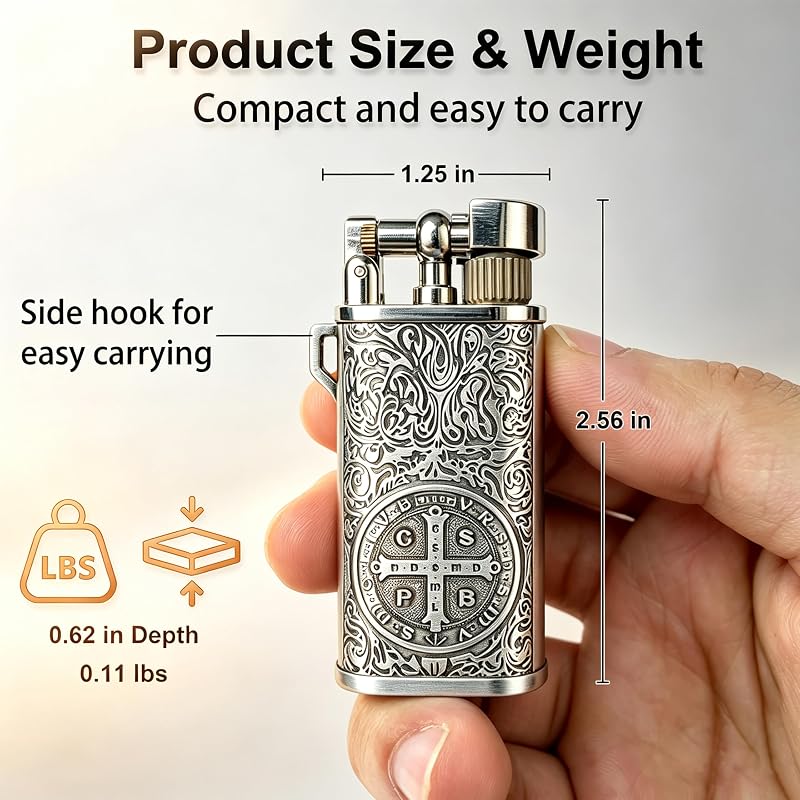 Vintage Butane Lighter with Saint Benedict Medal Motif, Refillable Pocket Trench Lighter