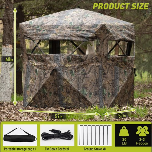 Mionovity Hunting Blind, 360° See Through Ground Blind for Turkey Hunting, Turkey Ground Blind, Hunting Blind for Turkey & Deer, 2-3 Person Pop Up Portable Camouflage Tent with Carrying Bag