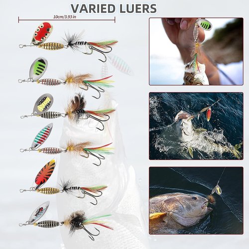 DAMIDEL 6pcs Fly Fishing Strikers kit,1/4oz 1/3oz Mixed, Simulation Colorful Belly and Wings Spinner Ever,Specialty Hand-Tied Rooster Bait for Trout, Bass, Steelhead Fly Fishing Dry Flies Tackle Box