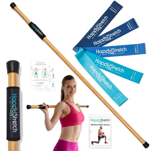 Yoga Stick Stretching, Flexibility and Strength I Bamboo Mobility Stretching Stick 5ft | Resistance Loop Exercise Bands Set of 5 | Workout Guide I Video Library | HappyStretch