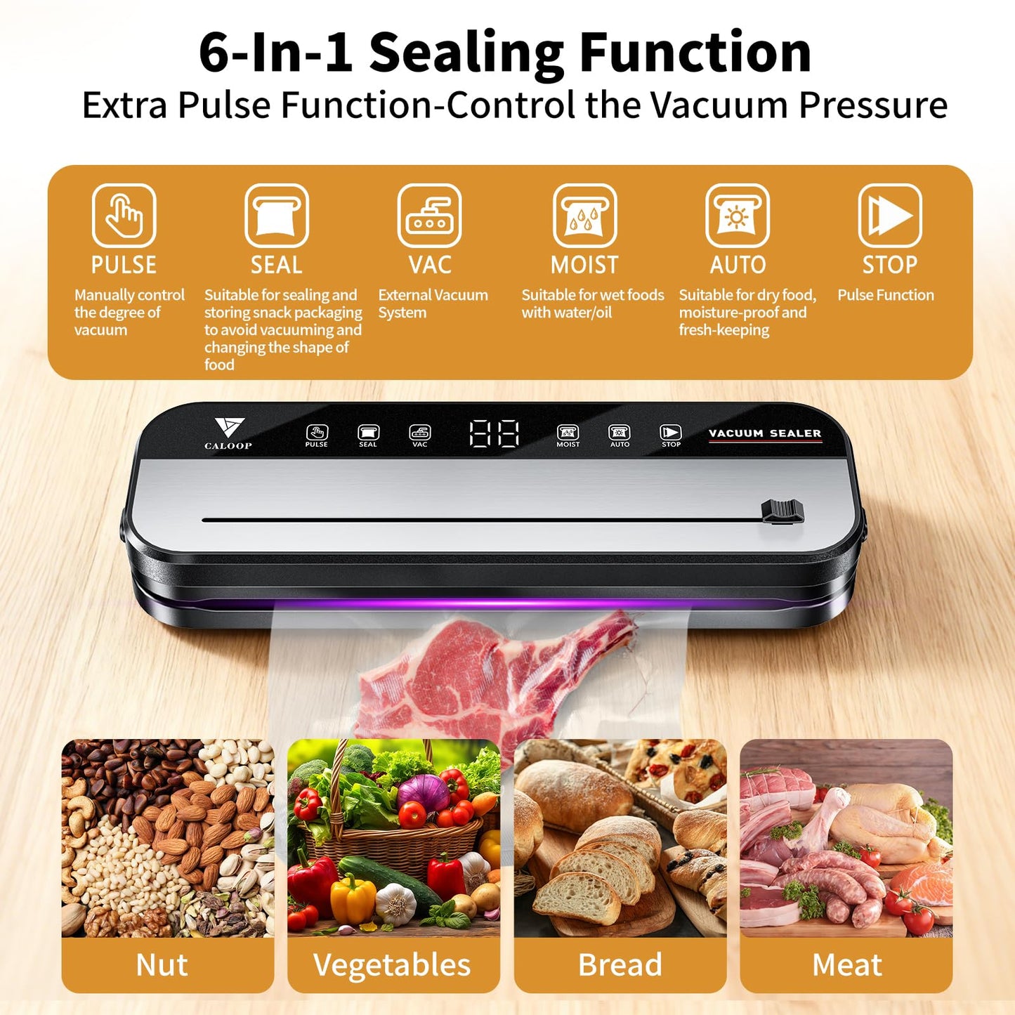 CALOOP Food Vacuum Sealer Machine with 20 Seal Bags, 80 Kpa Powerful Food Saver for Kitchen Storage, Dry/Moist Modes, Digital Countdown Timer, Compact Lightweight, Build-in Cutter