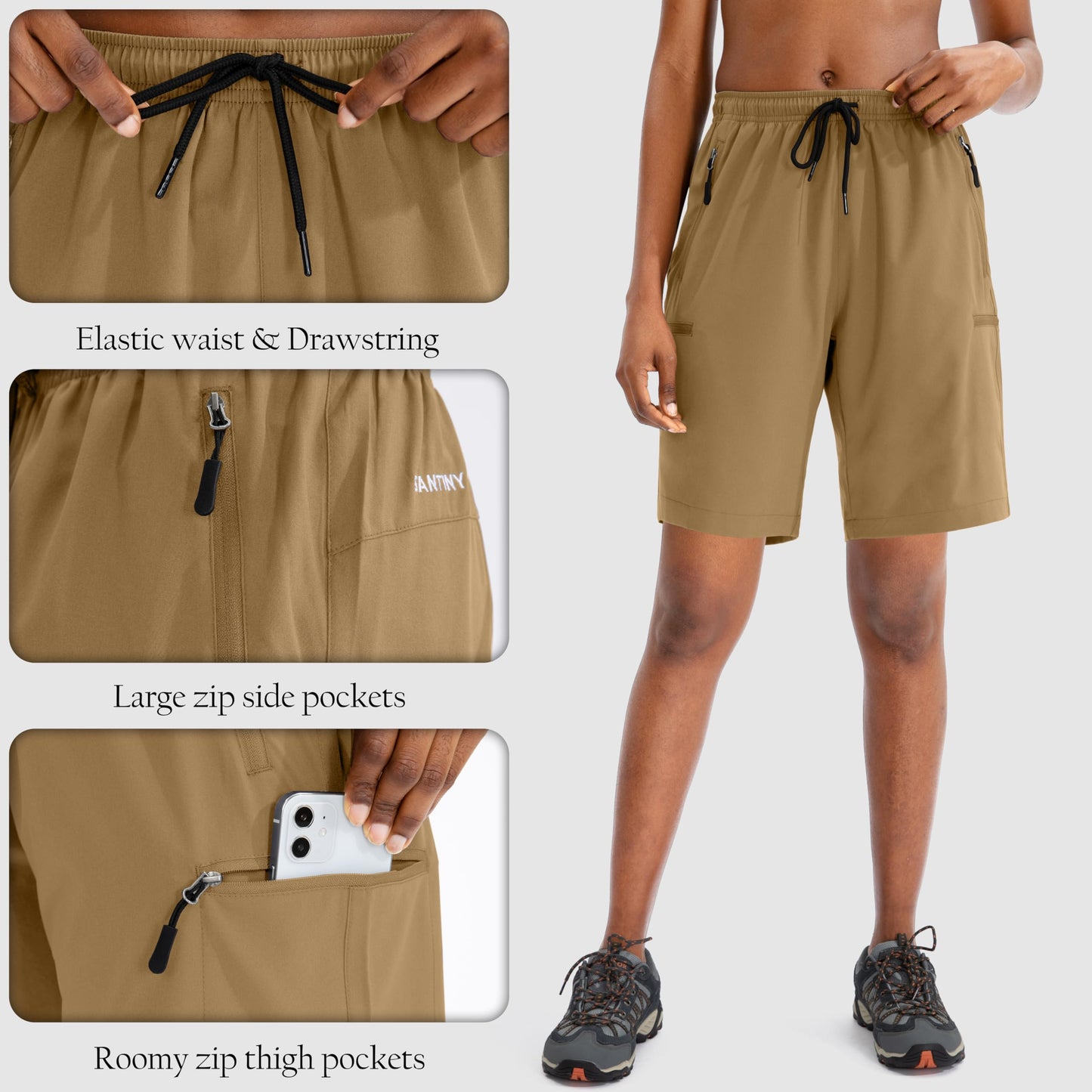 SANTINY Women's 5''/ 7''/9'' Hiking Cargo Shorts Quick Dry Lightweight Summer Shorts for Women Athletic Zipper Pockets(Dark Khaki_L)