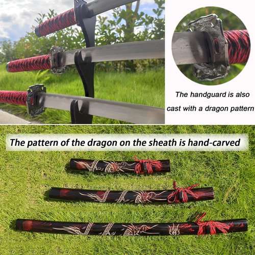 3pc Set Japanese Samurai Sword with Display Stand,Iaido Katana Engraved with Dragon Pattern On The Scabbard Carbon Steel Blade Real Sword for Display Decoration and Gift