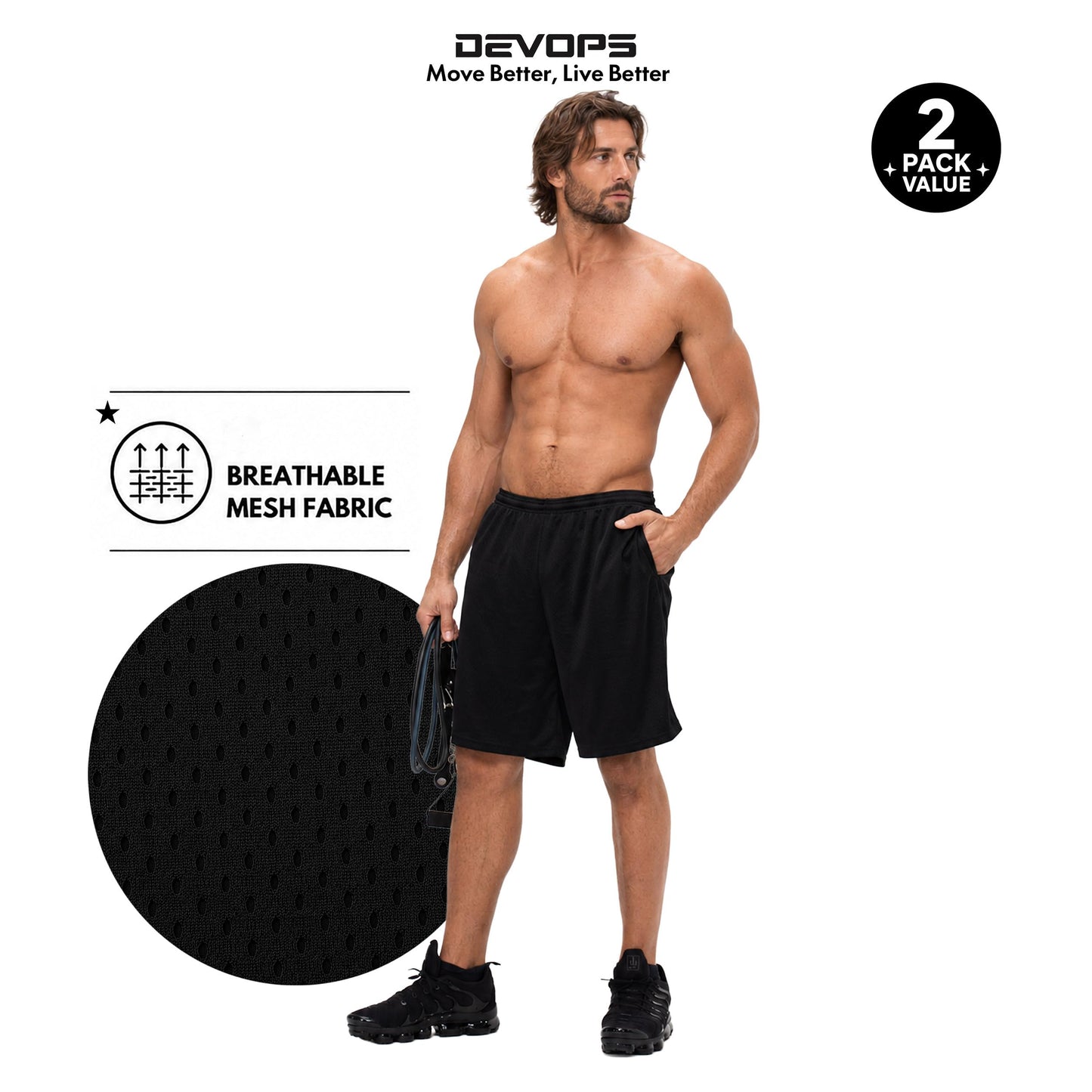 DEVOPS Men's 2-Pack Loose-Fit 10" Workout Mesh Shorts with Pockets Athletic
