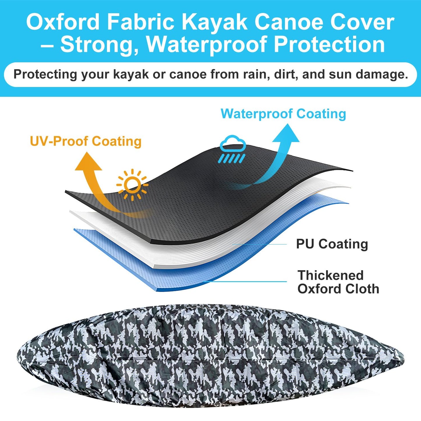 Kayak Cover, 420D Waterproof Kayak Covers for Outdoor Storage, Ultra Strong Canoe Storage Oxford UV Resistant Dust Cover Sunblock Fishing Boat Cover Shield Protector- Camouflage