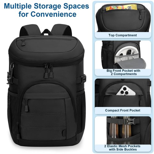 ELONGRIVER 35 Cans Insulated Backpack Cooler for Men, Leak Proof Camping Beach Cooler Backpack Portable Soft Sided Cooler Bag Waterproof Travel Hiking Picnic Fishing Lunch Coolers Black