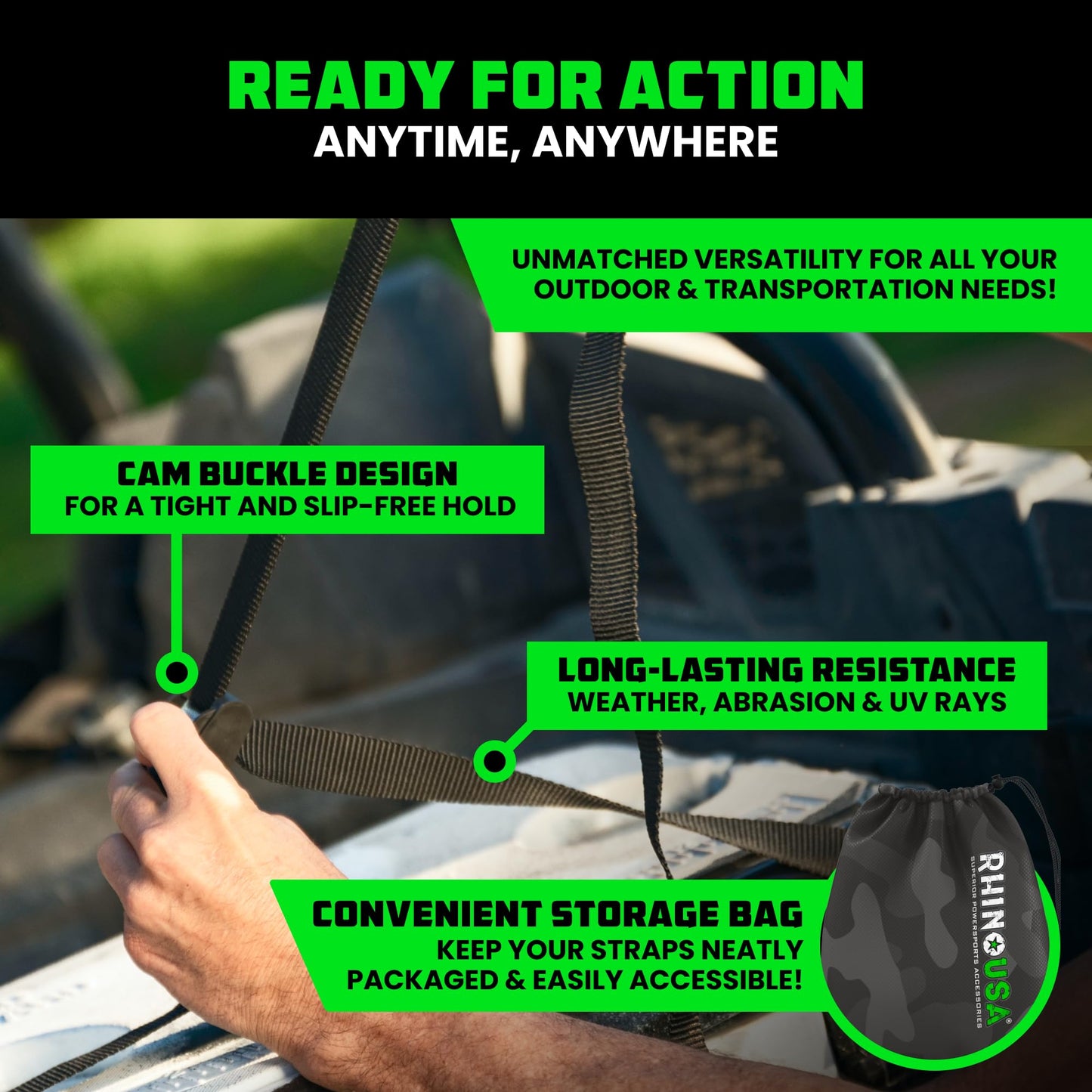 Rhino USA Lashing Straps Cargo Tie Downs (4PK) - 1,320lb lab Inspected Max Break Strength, Includes (4) Heavy Duty 1in x 12ft Cam Buckle Pull Straps. Best for Kayak, Cooler, Cargo