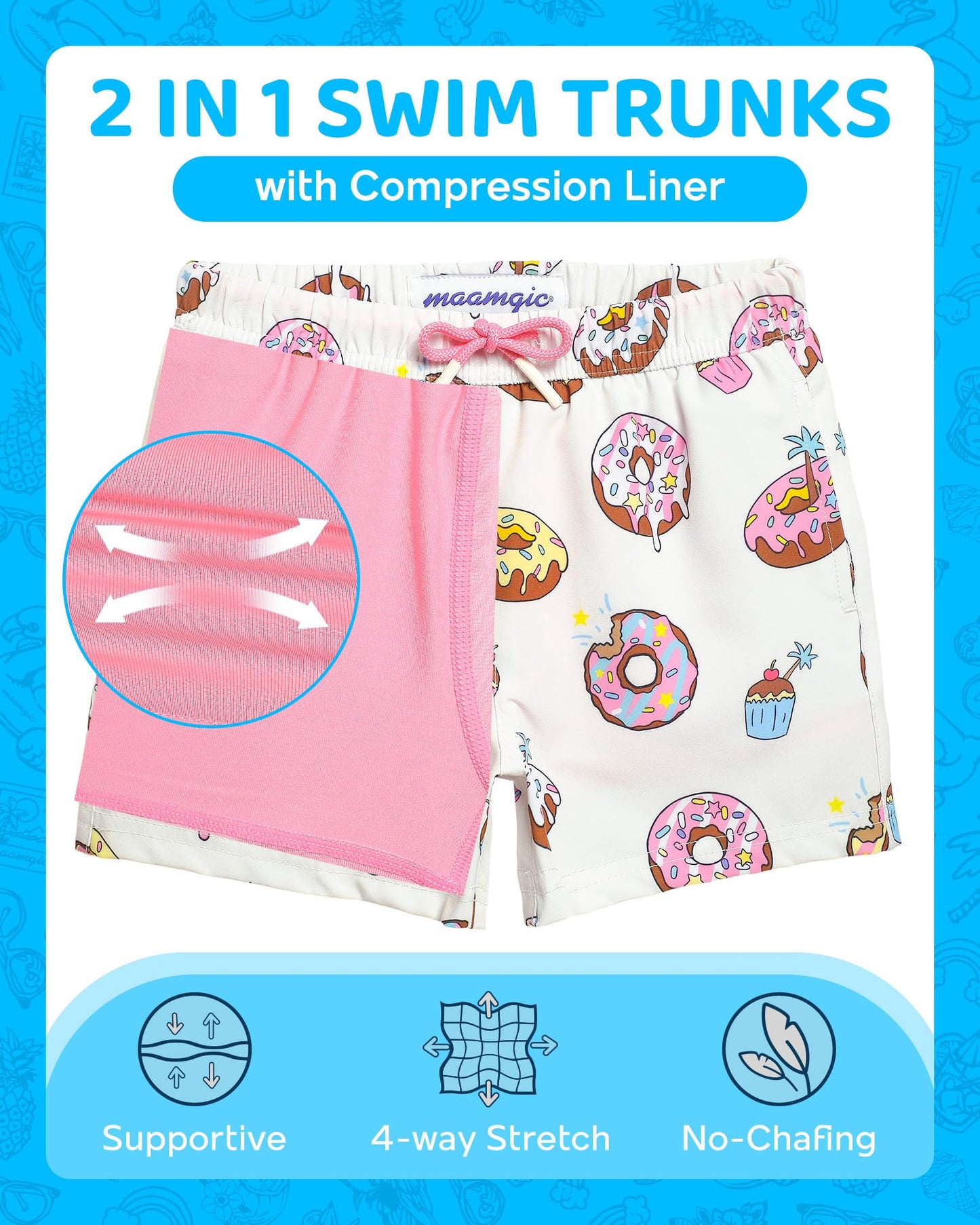 maamgic Boys Swim Trunks with Compression Liner 4-Way Stretch Quick Dry Swim Shorts Swimming Trunks Toddler Donut White 4T