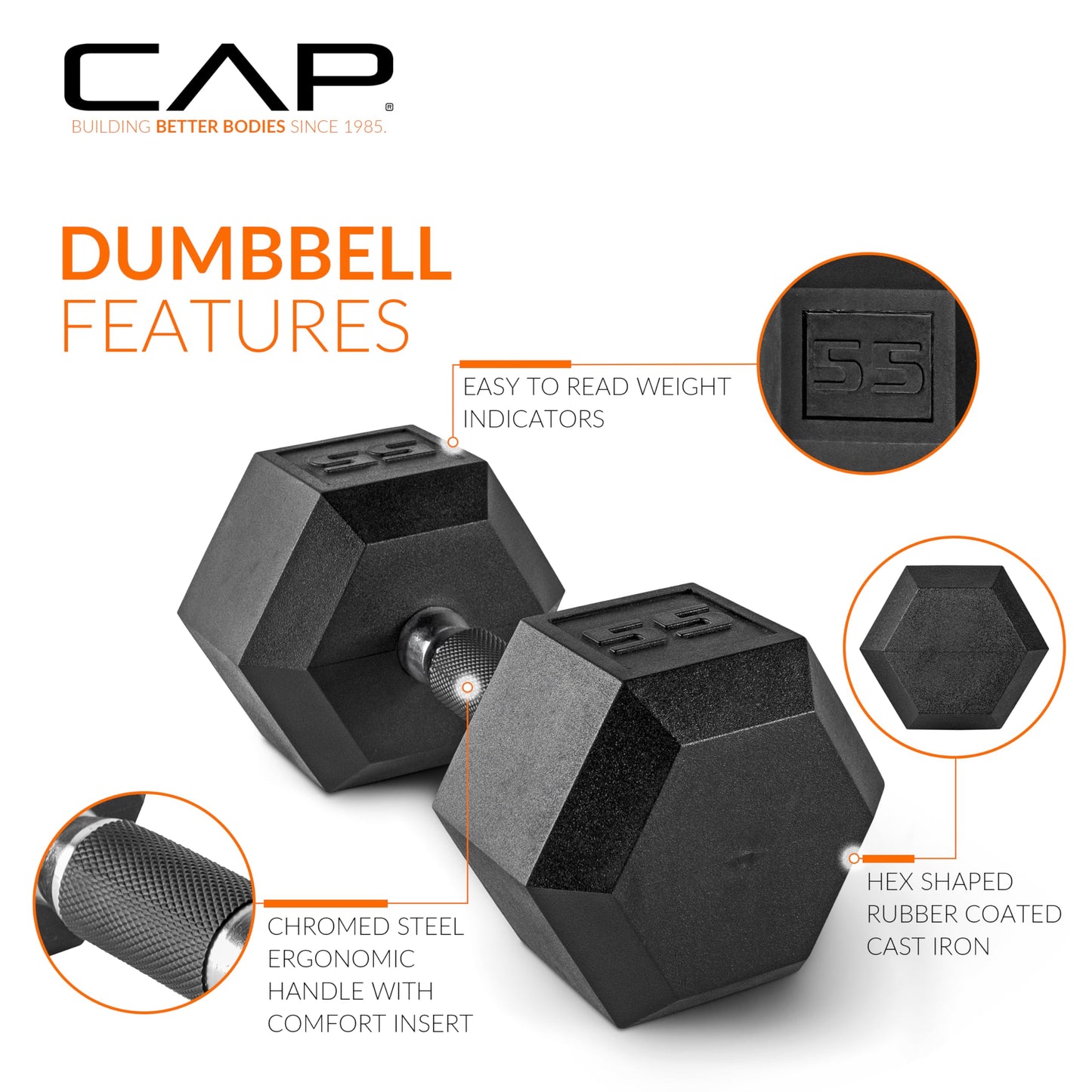 CAP 55 LB Rubber Coated Hex Dumbbell Weight, Rubber Free Weights for Home Gym Strength Training, Comfort Grip Handle, Single