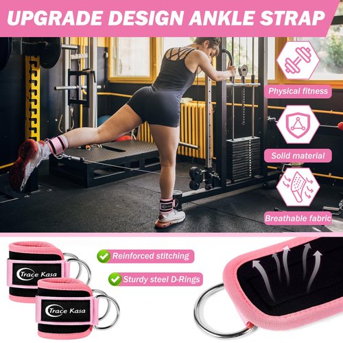 TRACE KASA Barbell Pad Set: Hip Thrusts Pad for Squats Ankle Straps for Cable Machines Women Men Hip Resistance Band Weight Lifting Straps Wrist Wraps Gym Equipment Accessories, Pink