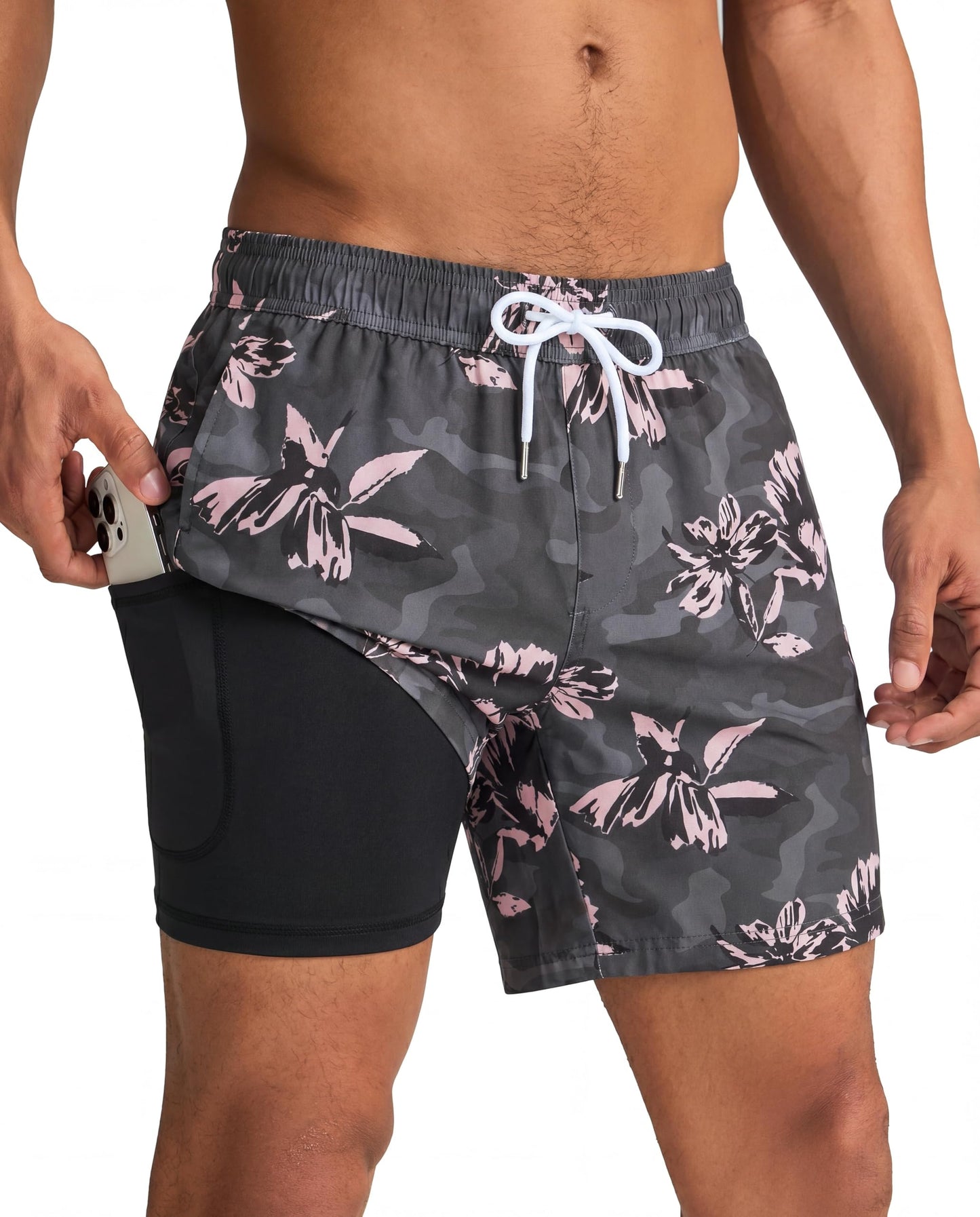 maamgic Mens Swim Trunks with Compression Liner 5 Inch, Quick Dry Bathing Suit with Zipper Pockets, Stretch No-Chafing Swim Shorts, Dark Grey- Pink Poppy Flowers Small