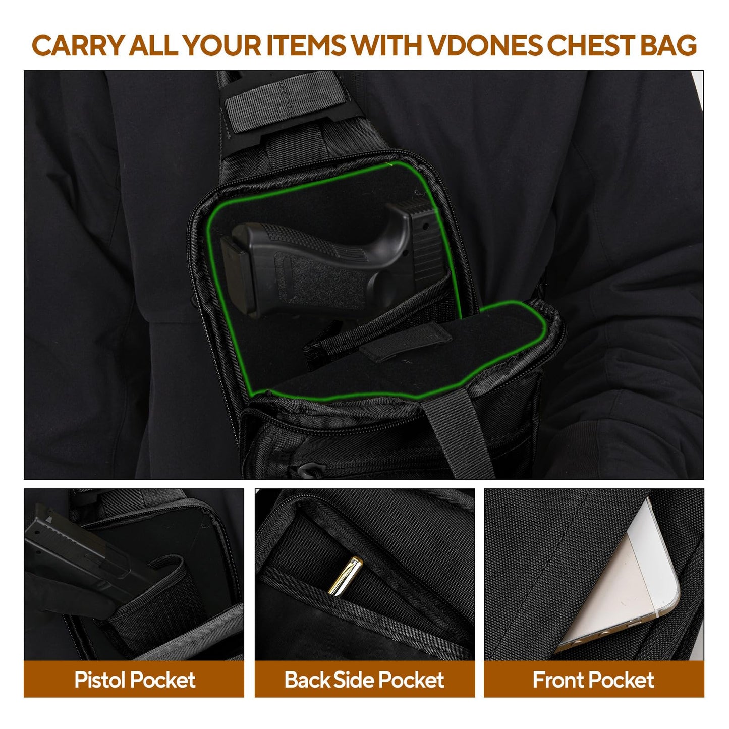 Vdones CCW Concealed Carry Chest Bag with Gun Holster, Adjustable Tactical Sling Bag Crossbody EDC Gun Carry Bag for Men