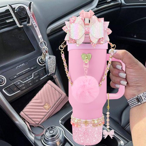 Hpebl 11PCS Accessories for Stanley Cup 40oz&30oz Tumbler Accessories Including Silicone Cute Pink Bow Straw Topper Cover Silicone Stanley Boot Leather Bottle Handle Strap Bracelet Y2K Pink Charms