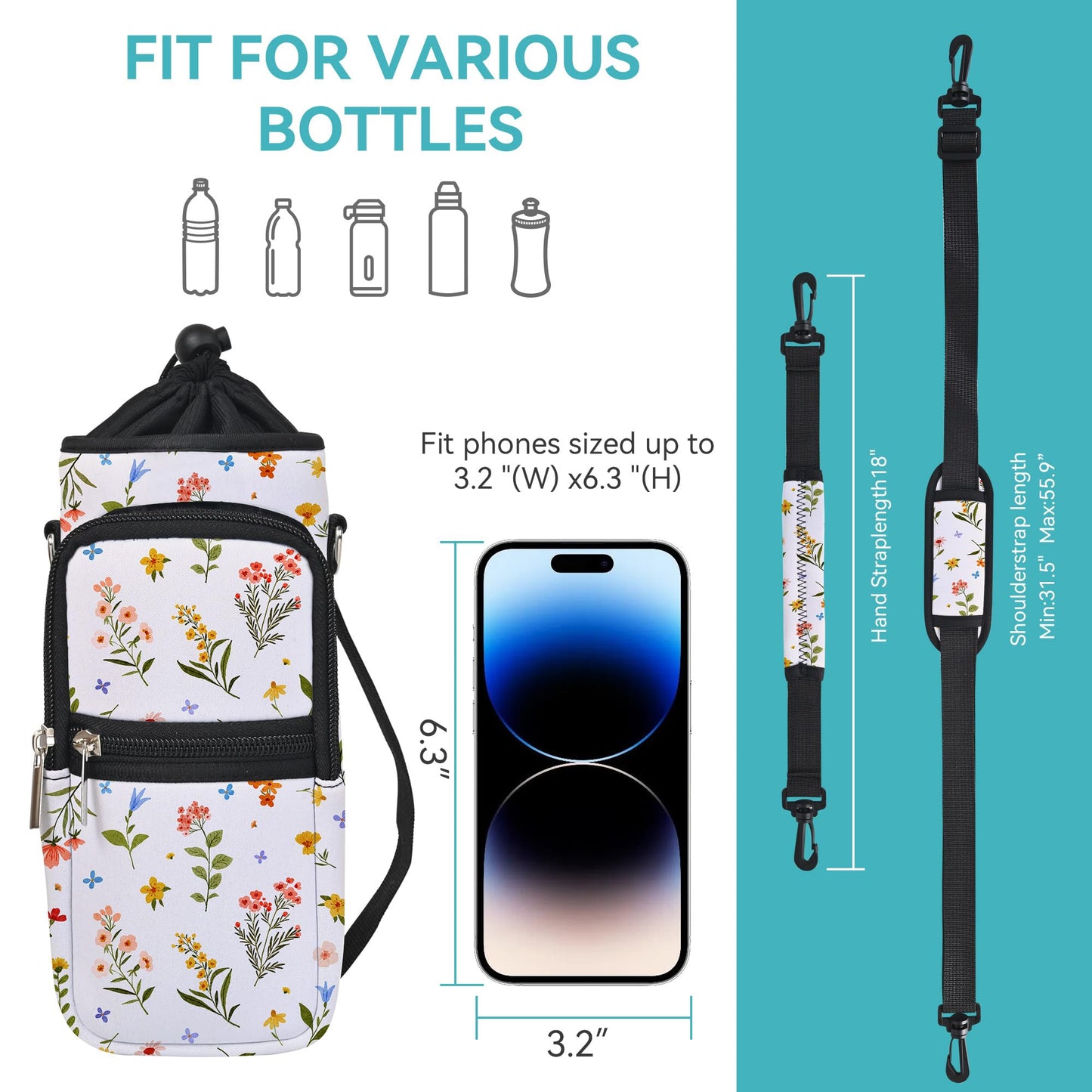 AUPET Water Bottle Sling Bag Sleeve Holder Carrier 25/32/40/64 oz,Insulated Crossbody Water Bottle Case Cover with Strap and Pockets for Men/Women Walking Hiking (Watercolor Style, 25oz)