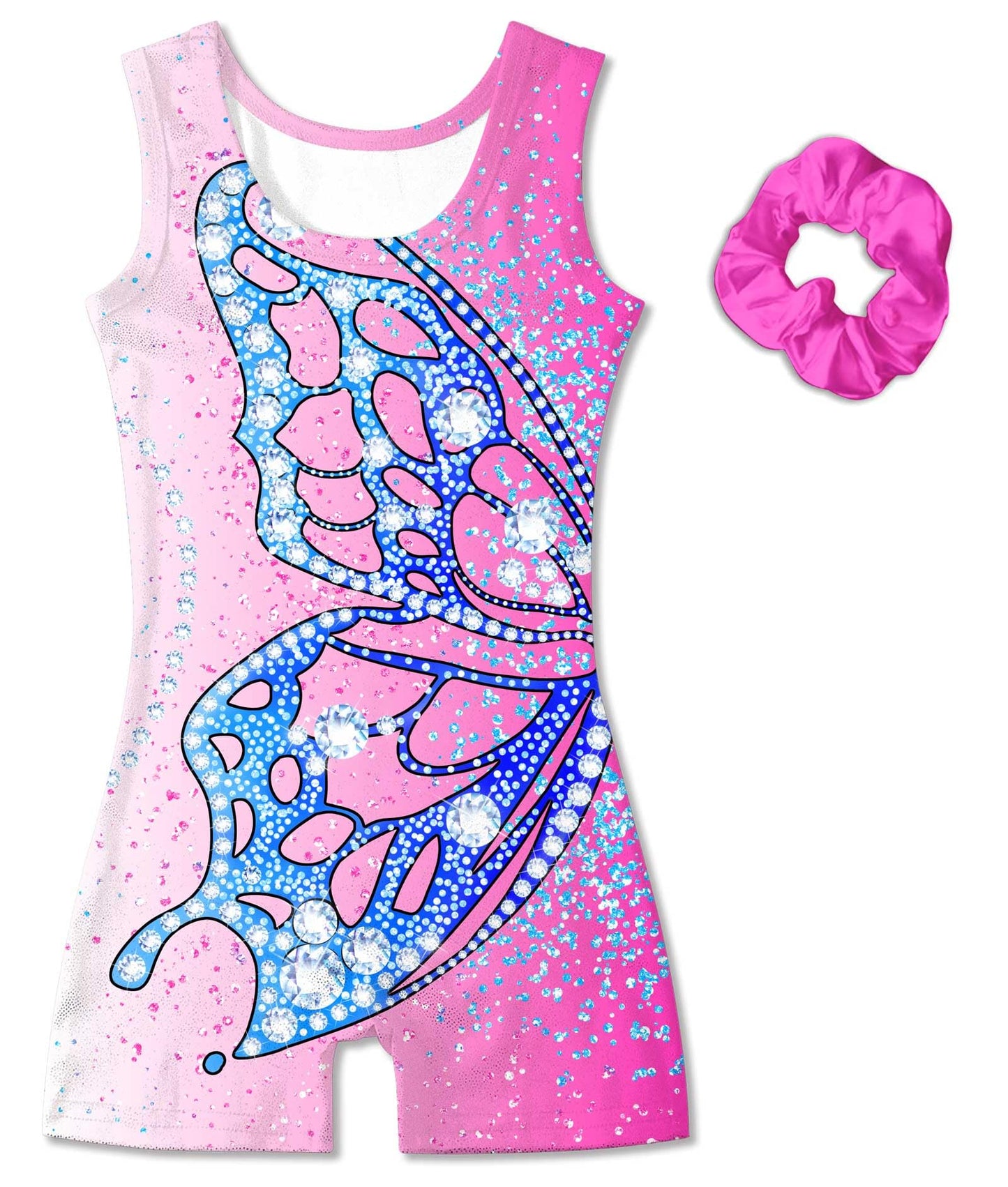 Vogseek Gymnastics Leotards for Girls 11 12 Years Pink Blue Butterflyss Tumbling Outfits with Hair Scrunchie Kids Sparkle Ballet Dance Biketards, Pink Blue