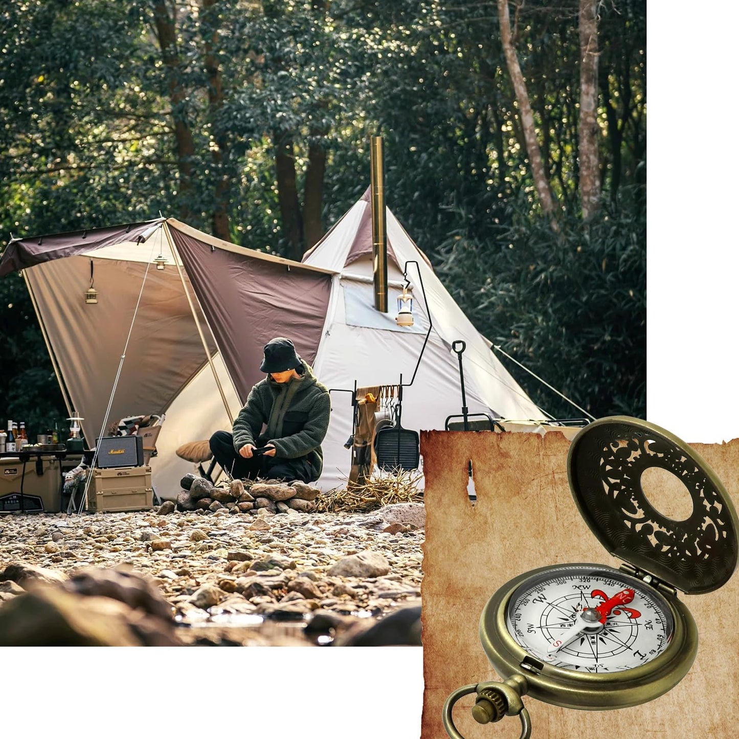 Antique Brass Compass - Waterproof Survival Compass for Hiking & Camping, Vintage Military Gift with Keychain (Kids & Outdoor)