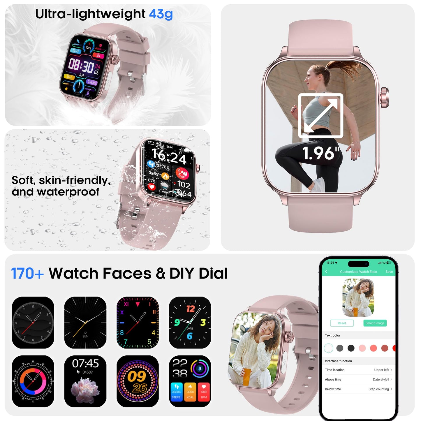 Yowow BIT Smart Watch for Men Women (Receive/Make Calls), 1.96" IPS Fitness Tracker, Heart Rate/Blood Oxygen/Blood Pressure/Sleep Monitor/20+ Sports Modes, Pedometer for Android iOS (Pink)