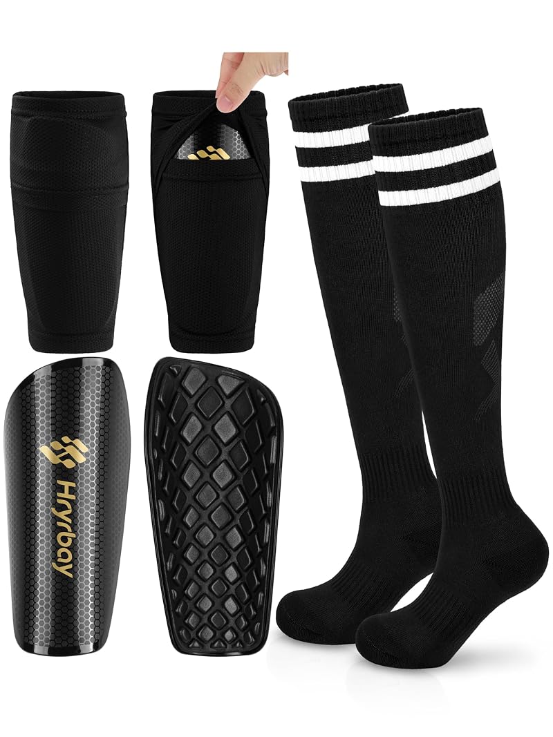 Youth Protective Soccer Shin Guards Sleeves Set, Black - 6-9 Years