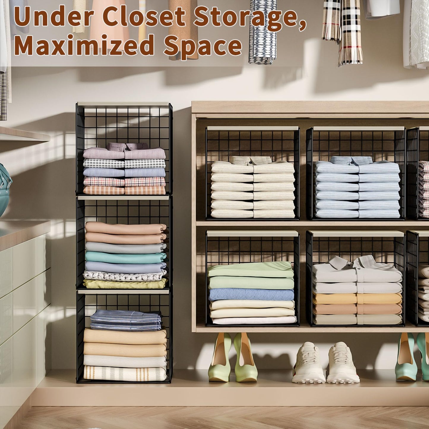 3PCS Stackable Closet Organizers and Storage, Shelves with Wood Top Extra Storage, Clothes Organizer Basket, Bin, or Tube for Wardrobe and Home Organization (Black-Sturdy Metal) Patent Pending