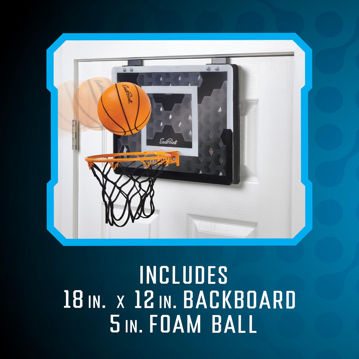 EastPoint Over-the-Door Indoor Basketball Hoop Set - Black, 18 x 12 in Backboard - Quiet Foam Ball for Indoor Basketball Game - Easy No-Drill Setup with Compact Mini Hoop for Rooms