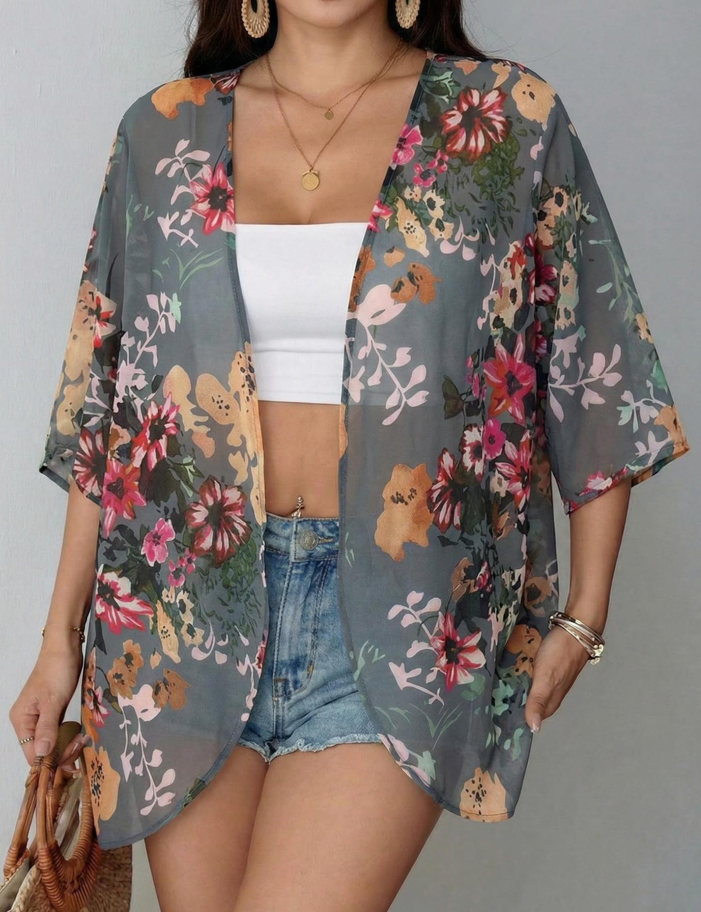 Chunoy Women Short Sleeve Chiffon Kimono Beach Swimsuit Cover Up