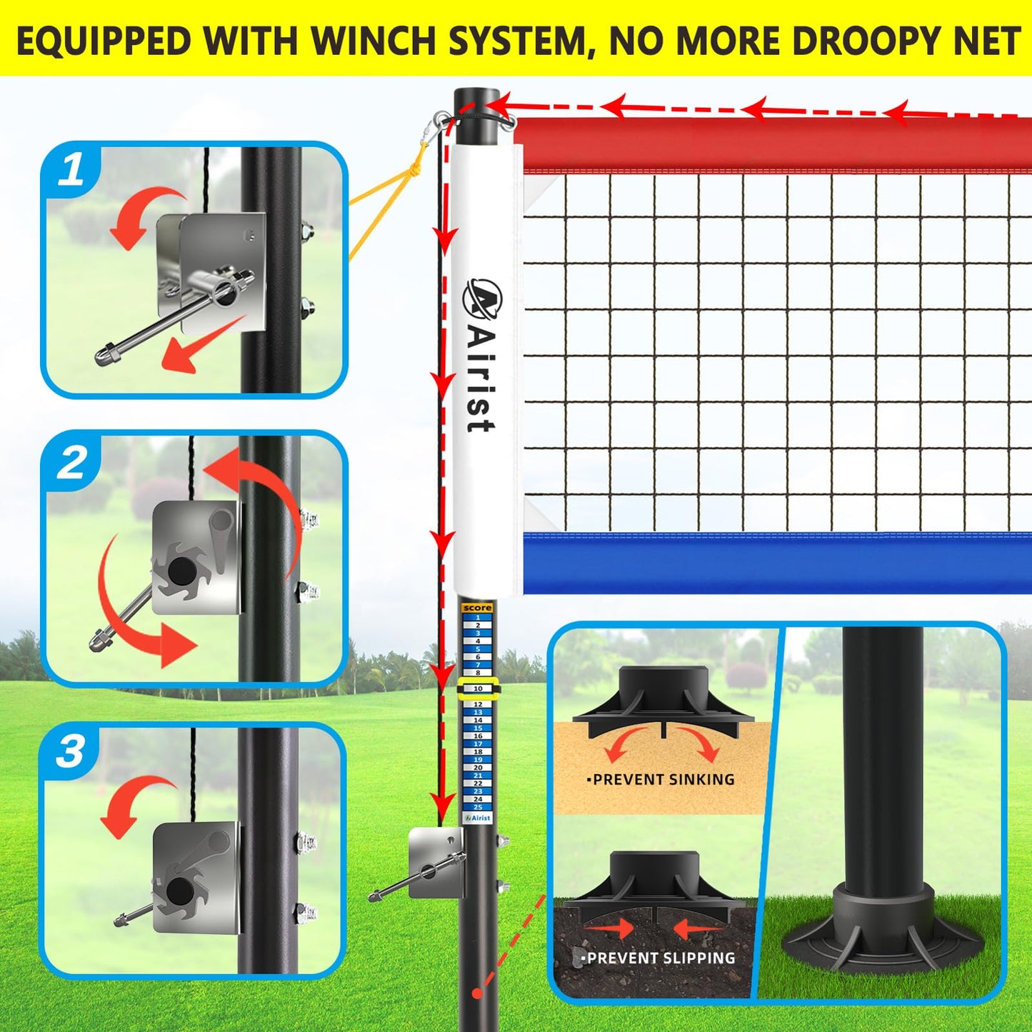 Airist Heavy Duty Volleyball Net Outdoor with Steel Anti-Sag System, Adjustable Aluminum Poles, Professional Volleyball Nets Set for Backyard and Beach, Ball and Carrying Bag (Blue and Red)