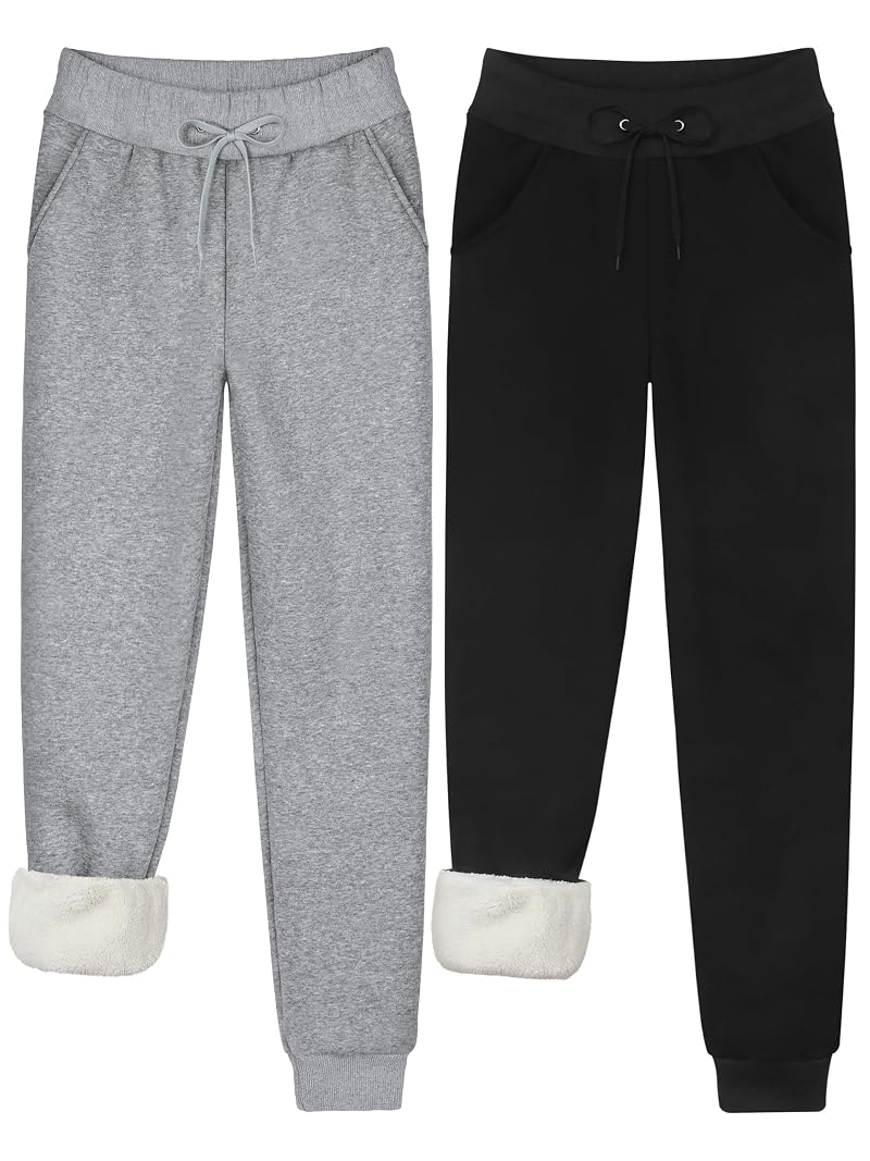 URATOT 2 Pack Women's Warm Joggers with Pockets - Black, Light Grey