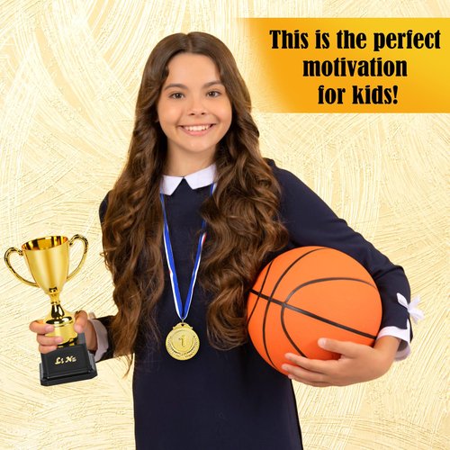 FACULX 6 pcs Trophy and Medal Set,1st 2nd 3rd Zinc Alloy Wheat Ear Medals with Red White Blue Neck Ribbon,7 Inch Gold Plastic Trophies with DIY Alphabet Stickers,for Sports Tournaments,Competitions
