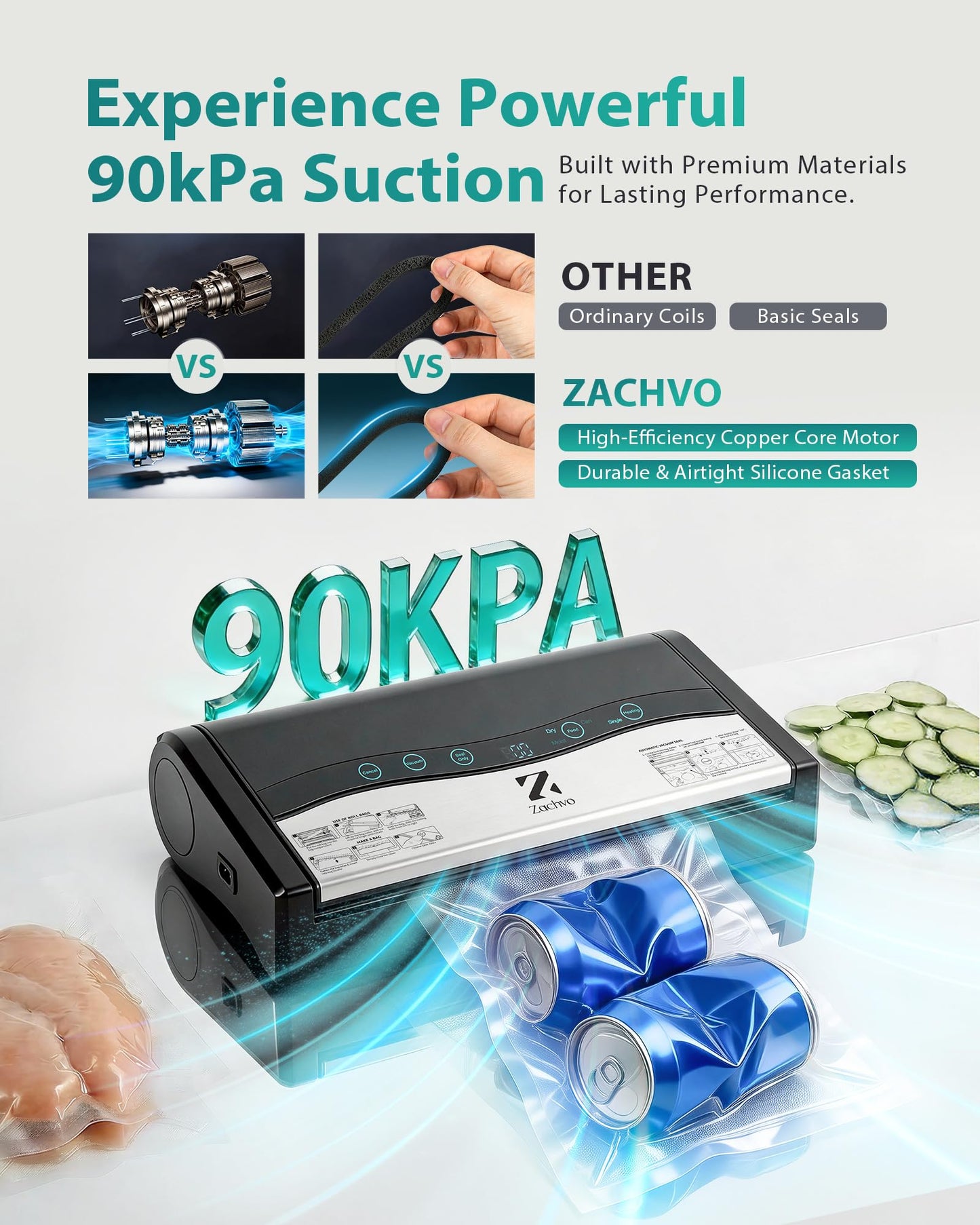 Vacuum Sealer for Food, 90kPa Auto Lock Food Sealer Machine, with Bag Rolls