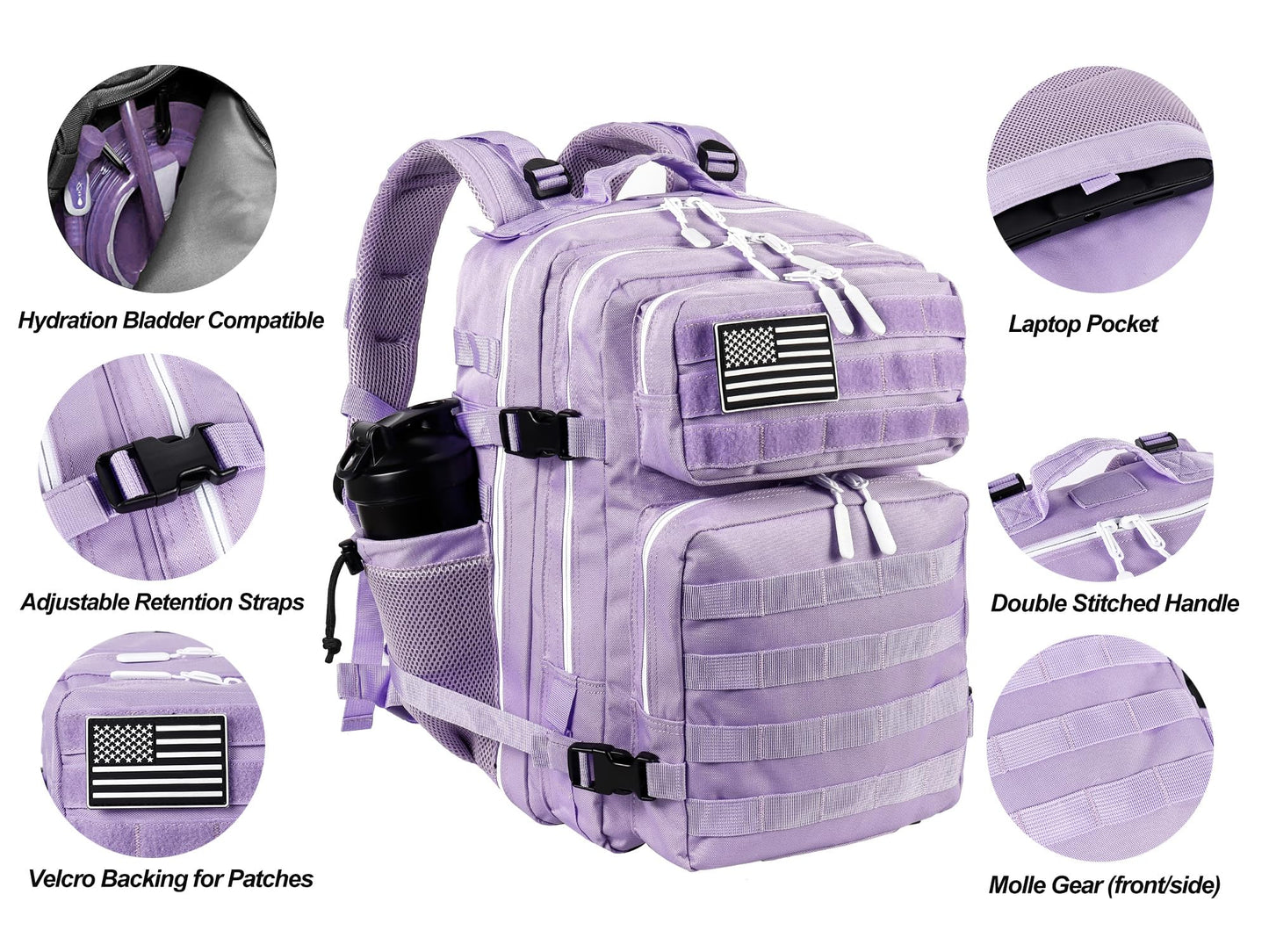 LHI Tactical Military Backpack for Men and Women 25L Army Assault Pack Bag Large Rucksack with Molle System-light purple