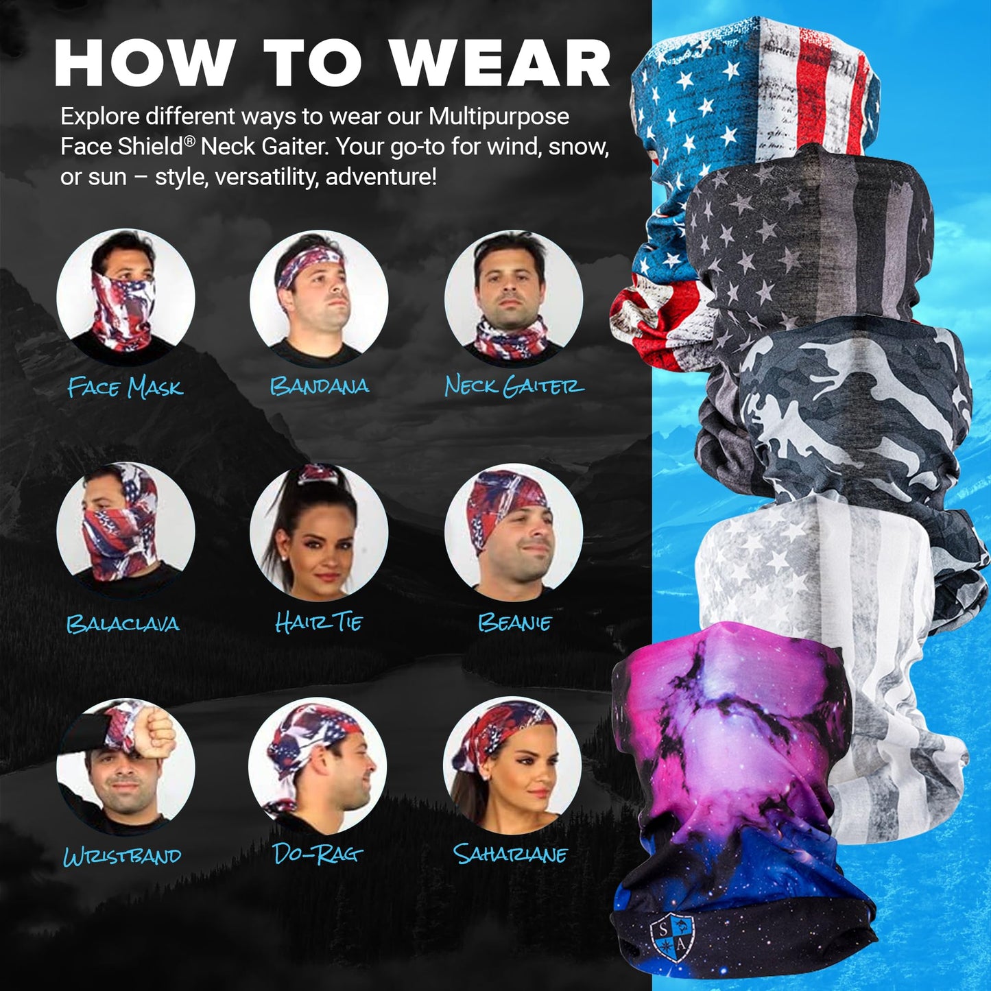 S A Company 5 Pack UV Face Shield Multipurpose Protector Neck Gaiter Elastic Face Mask Patriotic Design for Men, Blackout American Flag