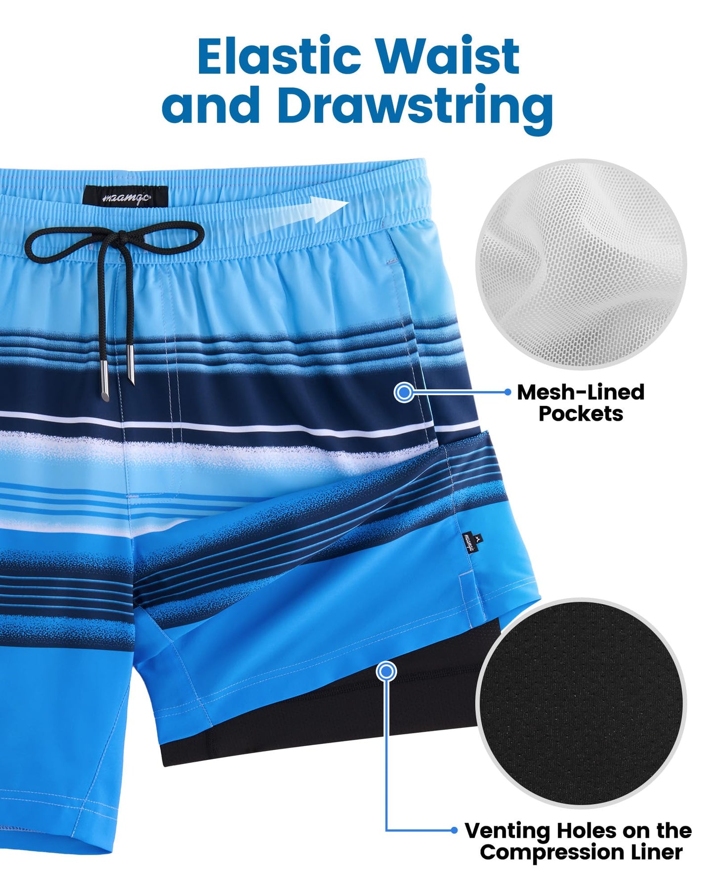 maamgic Mens Swim Trunks with Compression Liner 7 Inch Inseam Mens Bathing Suit Quick Dry Swimming Trunks Swimsuit Stripe Blue Black X-Large