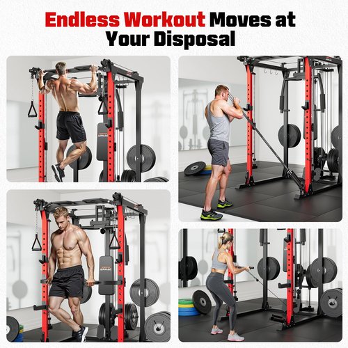 ARMAC Smith Machine, 2000LBS Dual Pulley Functional Power Cage, Squat Rack with Cable Crossover System, Home Gym Trainer, Pull-Up Bar, Spotter Arms, Home Gym Equipment