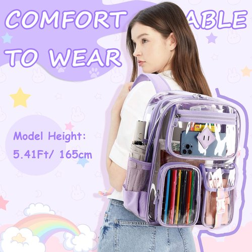 PIG PIG GIRL Clear Backpack for School,Heavy Duty PVC Transparent Bookbag for Girls Stadium Approved See Through Backpack for Women for College Work Travel Festival,Purple