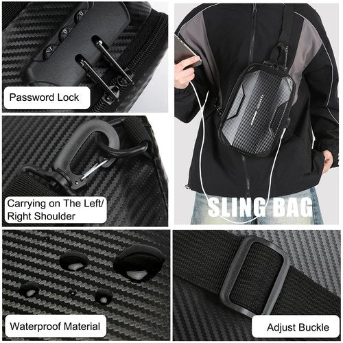 FANDARE Anti-Theft Sling Bag Men's Chest Pack Waterproof EVA Crossbody Bags with USB Shoulder bag Outdoor Travel Body bag One-strap backpack Personal Flex Bag for Hiking Cycling Daypack Black