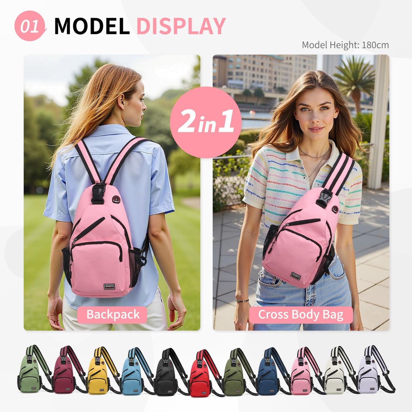 SUIKIHUM Convertible Sling Bags for Women Men, Lightweight Crossbody Backpack Daypack Fit for 7.9" Tablet for Casual Travel Sport Hiking (Pink)